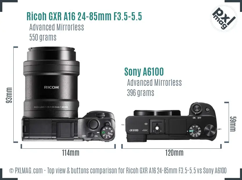 Ricoh GXR A16 24-85mm F3.5-5.5 vs Sony A6100 top view buttons comparison