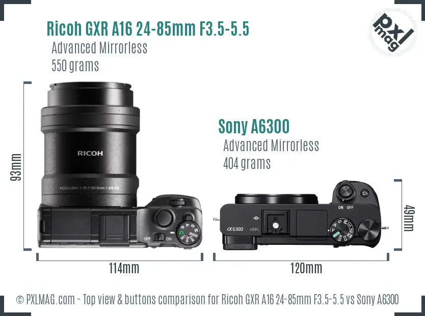 Ricoh GXR A16 24-85mm F3.5-5.5 vs Sony A6300 top view buttons comparison