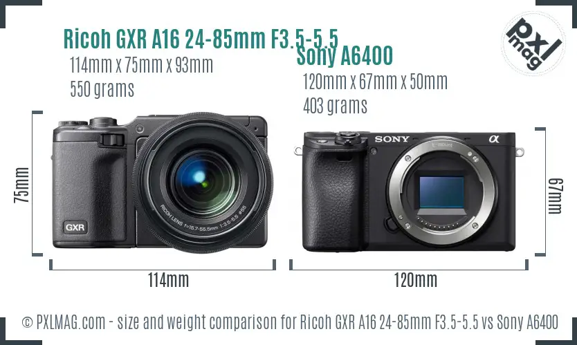 Ricoh GXR A16 24-85mm F3.5-5.5 vs Sony A6400 size comparison