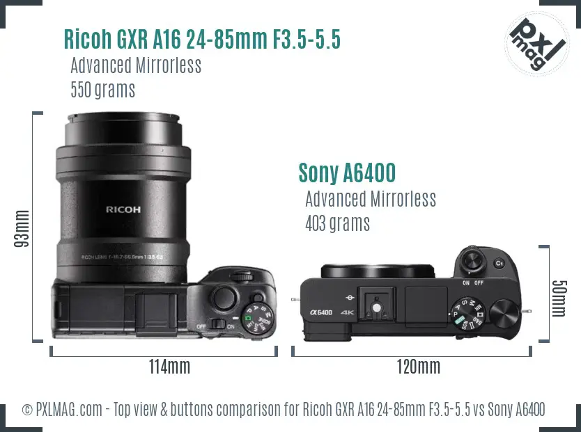 Ricoh GXR A16 24-85mm F3.5-5.5 vs Sony A6400 top view buttons comparison