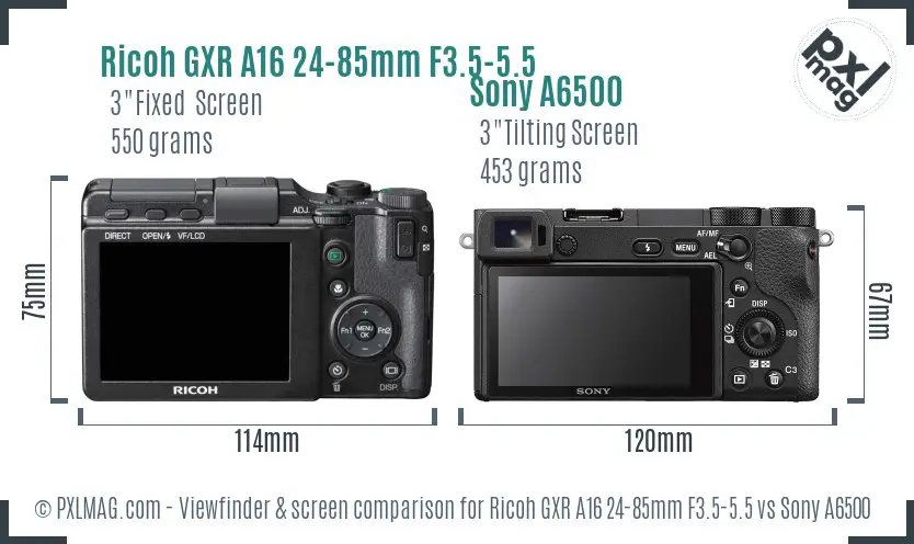 Ricoh GXR A16 24-85mm F3.5-5.5 vs Sony A6500 Screen and Viewfinder comparison