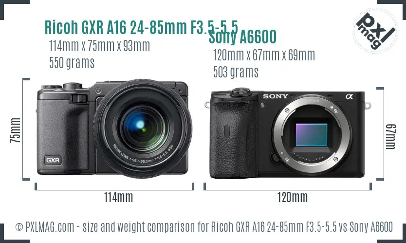 Ricoh GXR A16 24-85mm F3.5-5.5 vs Sony A6600 size comparison