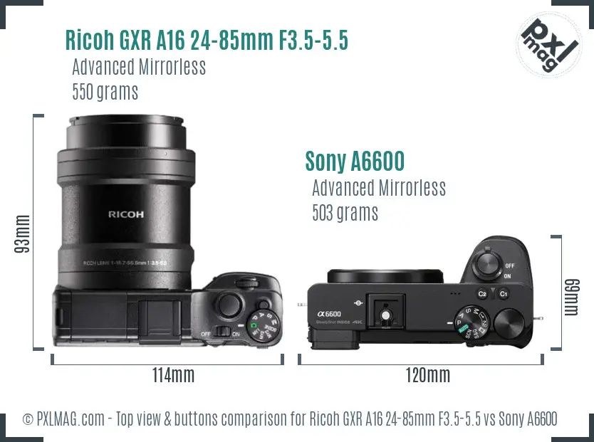 Ricoh GXR A16 24-85mm F3.5-5.5 vs Sony A6600 top view buttons comparison