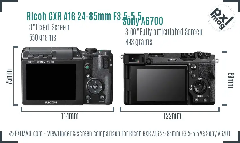 Ricoh GXR A16 24-85mm F3.5-5.5 vs Sony A6700 Screen and Viewfinder comparison
