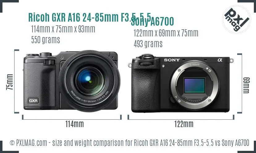Ricoh GXR A16 24-85mm F3.5-5.5 vs Sony A6700 size comparison