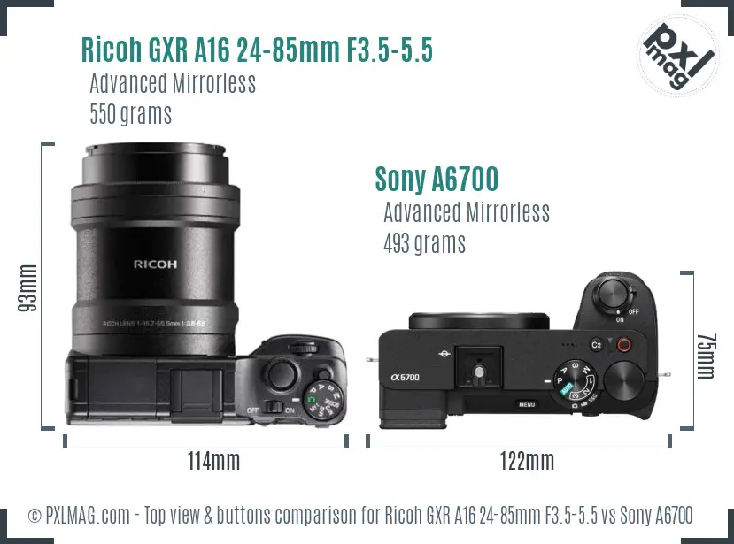Ricoh GXR A16 24-85mm F3.5-5.5 vs Sony A6700 top view buttons comparison