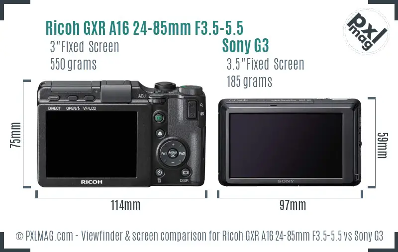 Ricoh GXR A16 24-85mm F3.5-5.5 vs Sony G3 Screen and Viewfinder comparison