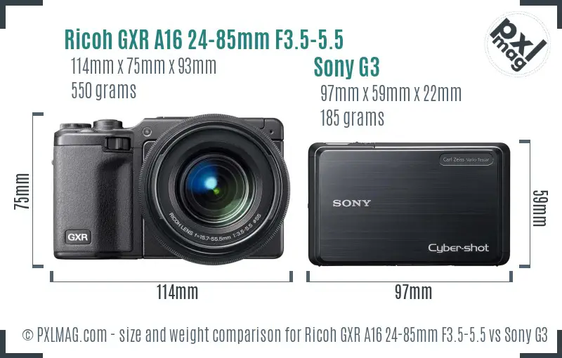 Ricoh GXR A16 24-85mm F3.5-5.5 vs Sony G3 size comparison