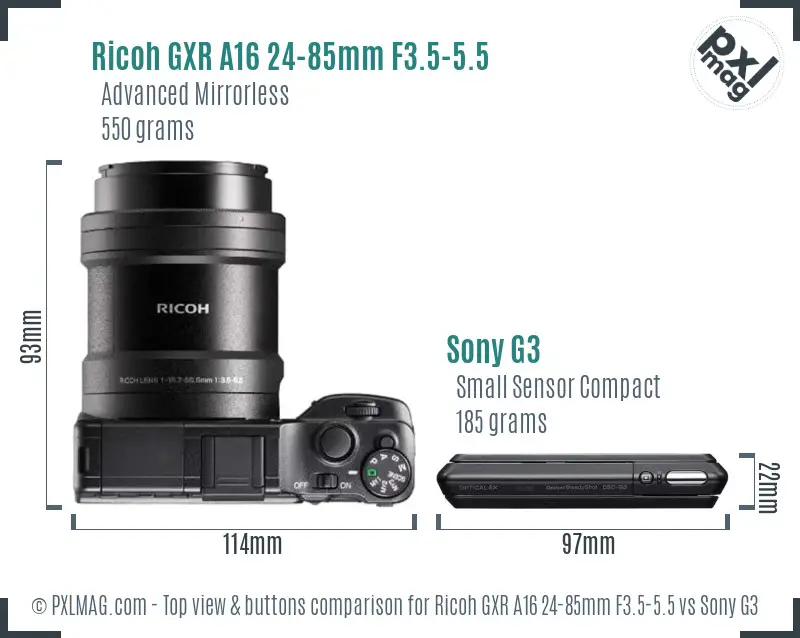 Ricoh GXR A16 24-85mm F3.5-5.5 vs Sony G3 top view buttons comparison