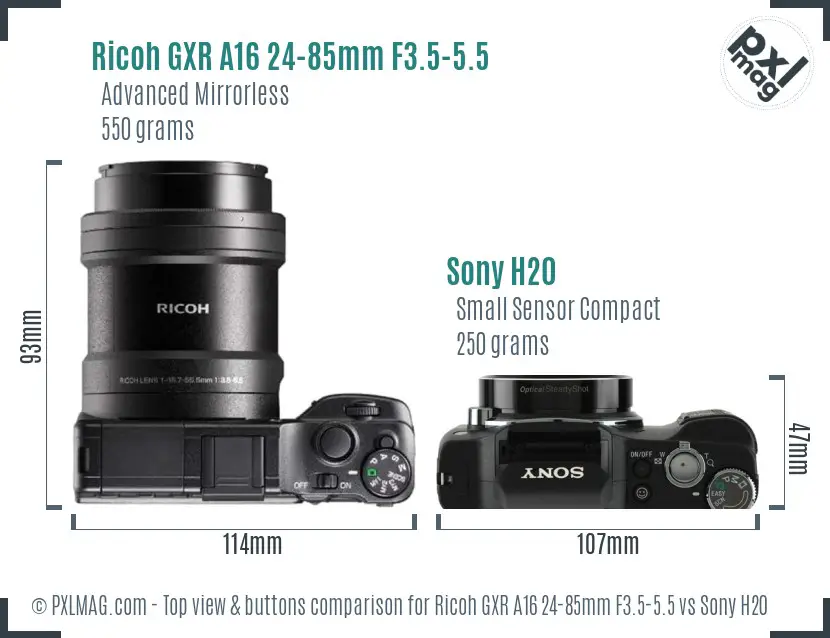 Ricoh GXR A16 24-85mm F3.5-5.5 vs Sony H20 top view buttons comparison