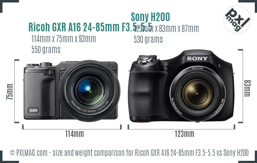 Ricoh GXR A16 24-85mm F3.5-5.5 vs Sony H200 size comparison