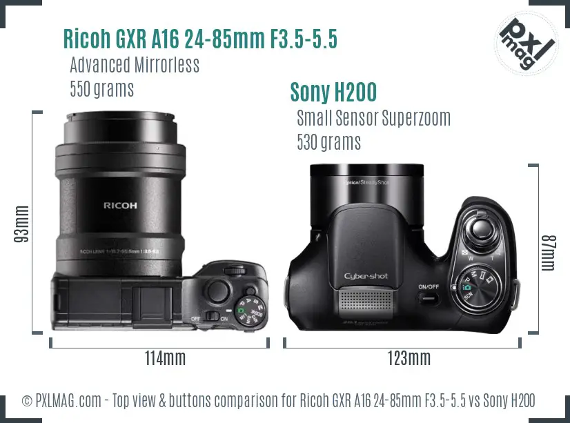 Ricoh GXR A16 24-85mm F3.5-5.5 vs Sony H200 top view buttons comparison
