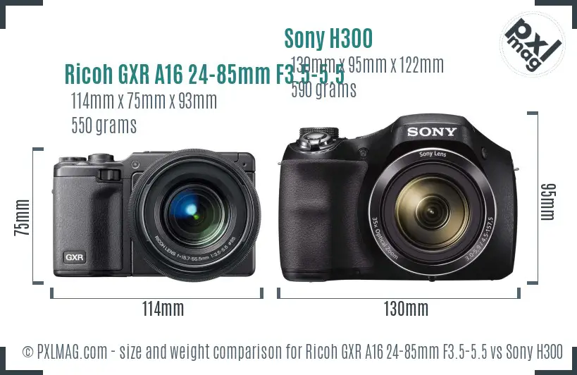 Ricoh GXR A16 24-85mm F3.5-5.5 vs Sony H300 size comparison