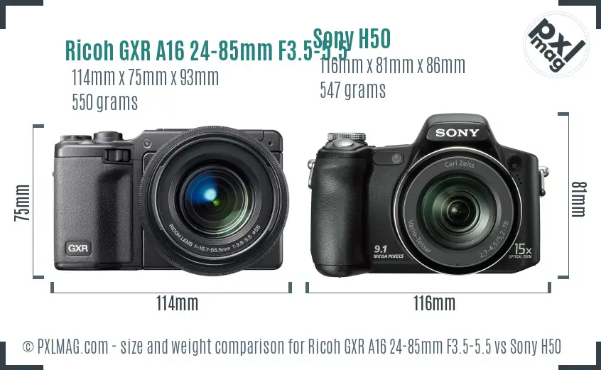 Ricoh GXR A16 24-85mm F3.5-5.5 vs Sony H50 size comparison