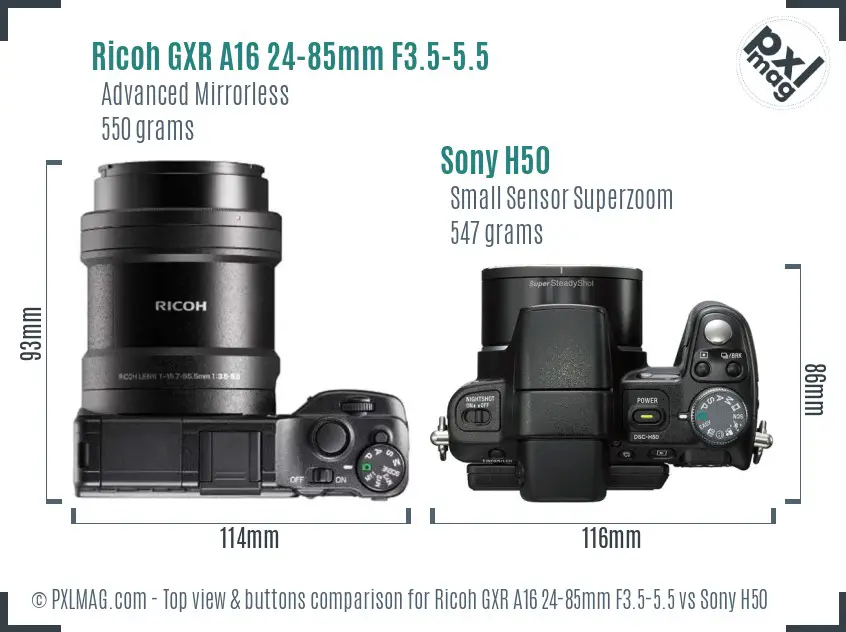 Ricoh GXR A16 24-85mm F3.5-5.5 vs Sony H50 top view buttons comparison