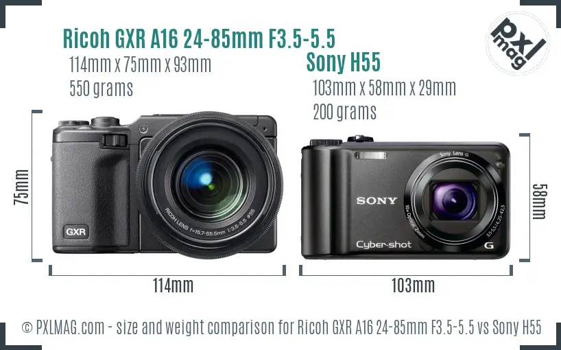 Ricoh GXR A16 24-85mm F3.5-5.5 vs Sony H55 size comparison