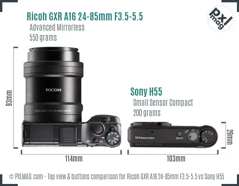 Ricoh GXR A16 24-85mm F3.5-5.5 vs Sony H55 top view buttons comparison