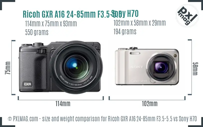 Ricoh GXR A16 24-85mm F3.5-5.5 vs Sony H70 size comparison