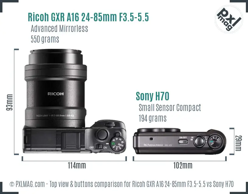 Ricoh GXR A16 24-85mm F3.5-5.5 vs Sony H70 top view buttons comparison