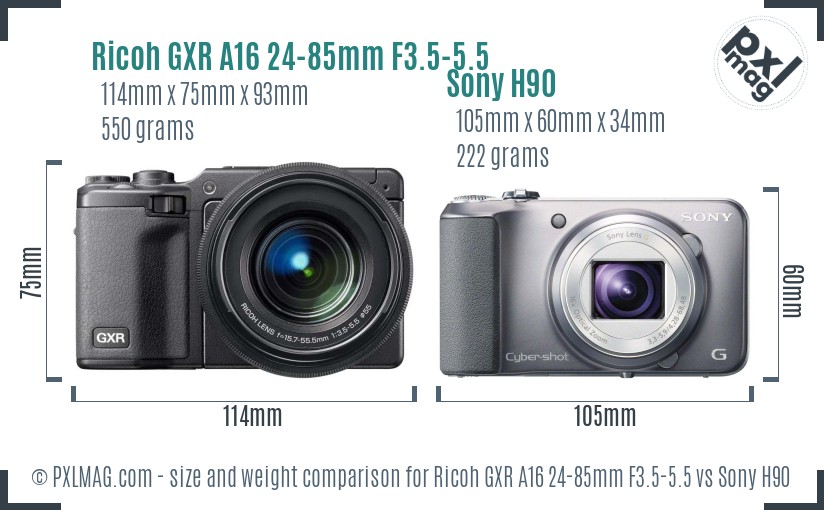 Ricoh GXR A16 24-85mm F3.5-5.5 vs Sony H90 size comparison