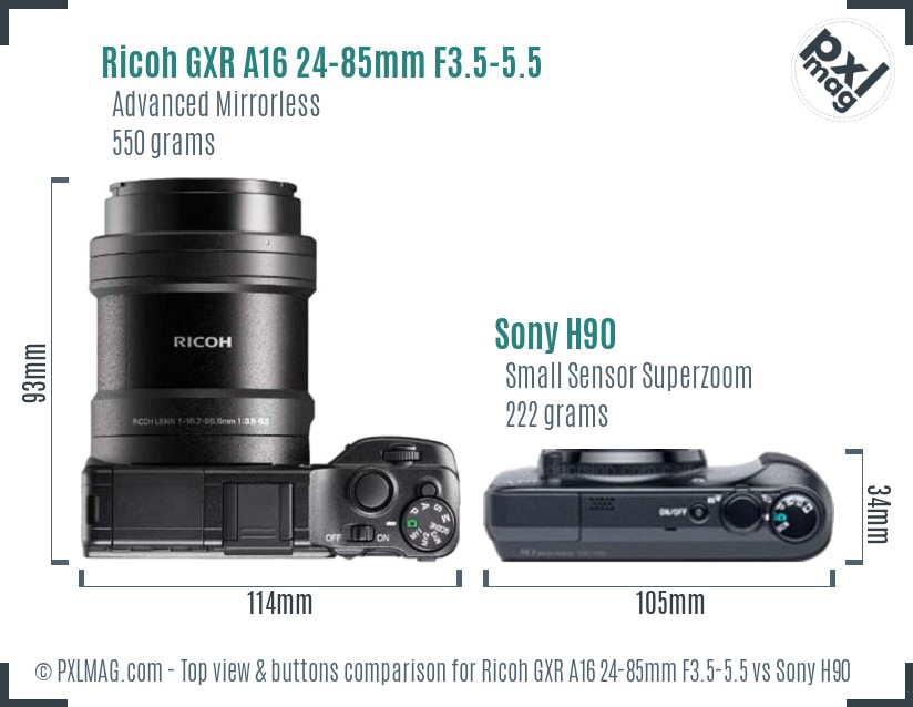 Ricoh GXR A16 24-85mm F3.5-5.5 vs Sony H90 top view buttons comparison