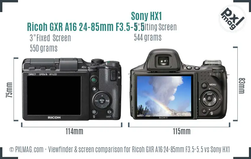 Ricoh GXR A16 24-85mm F3.5-5.5 vs Sony HX1 Screen and Viewfinder comparison