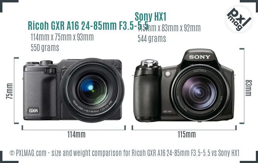 Ricoh GXR A16 24-85mm F3.5-5.5 vs Sony HX1 size comparison