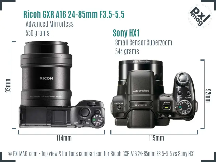 Ricoh GXR A16 24-85mm F3.5-5.5 vs Sony HX1 top view buttons comparison