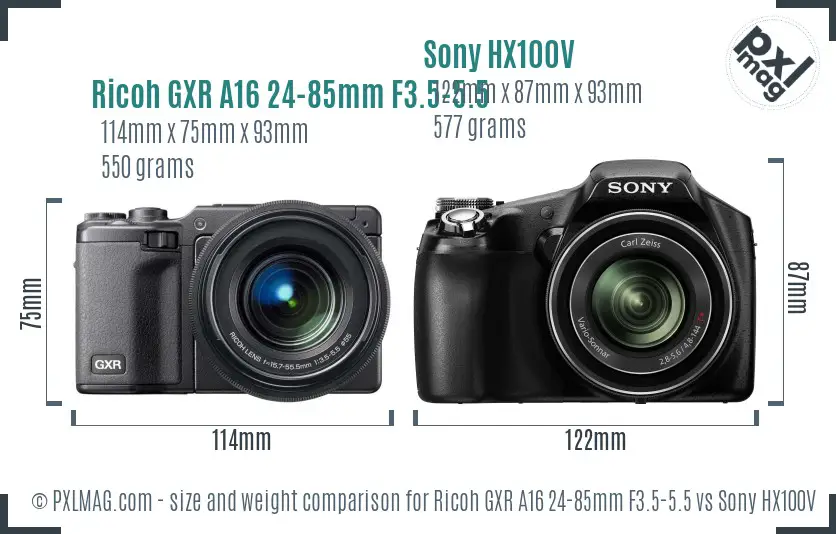 Ricoh GXR A16 24-85mm F3.5-5.5 vs Sony HX100V size comparison