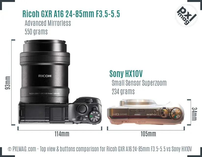 Ricoh GXR A16 24-85mm F3.5-5.5 vs Sony HX10V top view buttons comparison