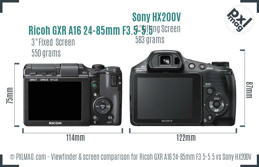 Ricoh GXR A16 24-85mm F3.5-5.5 vs Sony HX200V Screen and Viewfinder comparison