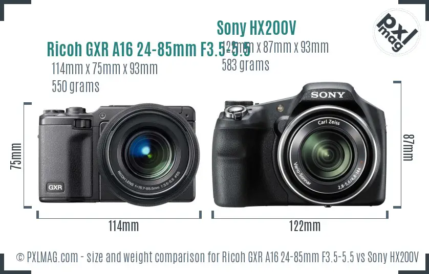 Ricoh GXR A16 24-85mm F3.5-5.5 vs Sony HX200V size comparison