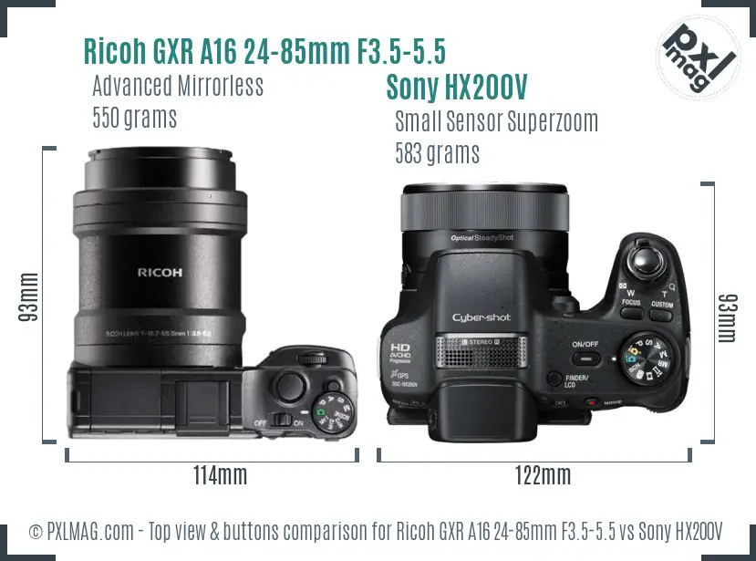 Ricoh GXR A16 24-85mm F3.5-5.5 vs Sony HX200V top view buttons comparison