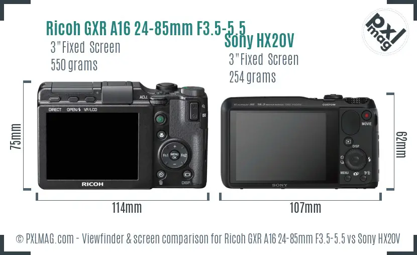 Ricoh GXR A16 24-85mm F3.5-5.5 vs Sony HX20V Screen and Viewfinder comparison