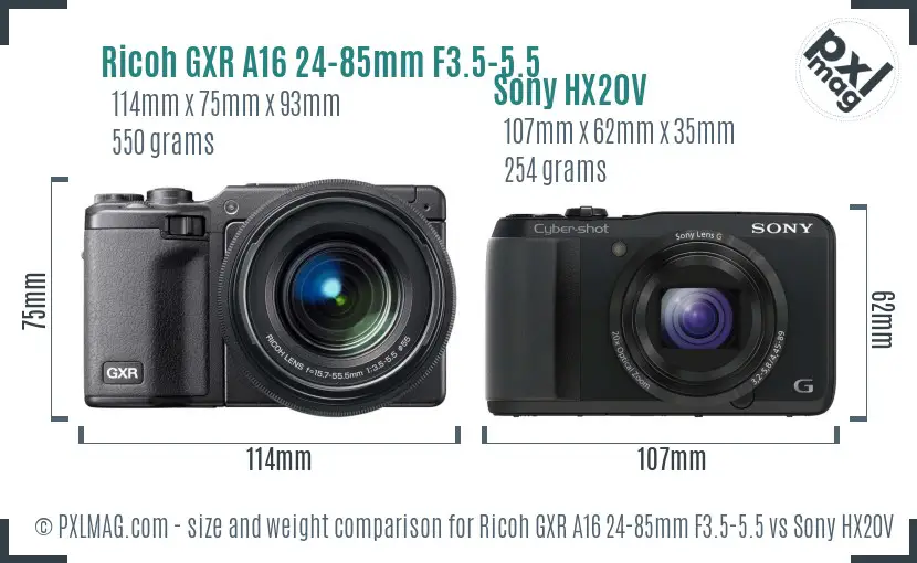 Ricoh GXR A16 24-85mm F3.5-5.5 vs Sony HX20V size comparison