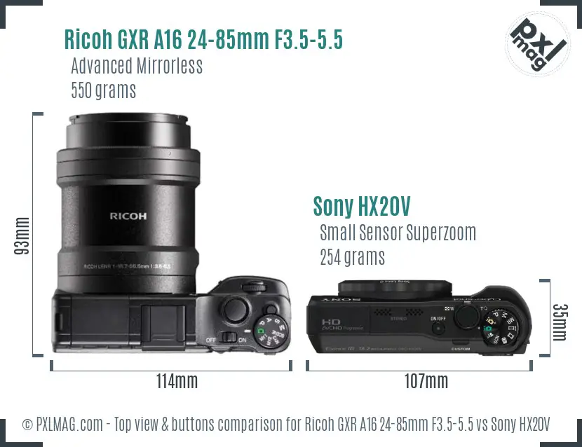 Ricoh GXR A16 24-85mm F3.5-5.5 vs Sony HX20V top view buttons comparison