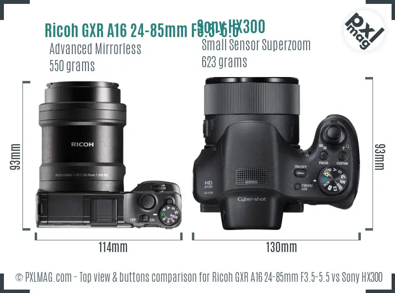 Ricoh GXR A16 24-85mm F3.5-5.5 vs Sony HX300 top view buttons comparison Ricoh GXR A16 24-85mm F3.5-5.5 vs Sony HX300 top view buttons comparison