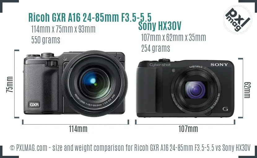 Ricoh GXR A16 24-85mm F3.5-5.5 vs Sony HX30V size comparison Ricoh GXR A16 24-85mm F3.5-5.5 vs Sony HX30V size comparison