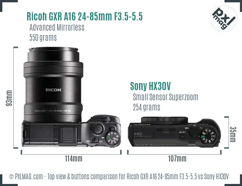 Ricoh GXR A16 24-85mm F3.5-5.5 vs Sony HX30V top view buttons comparison Ricoh GXR A16 24-85mm F3.5-5.5 vs Sony HX30V top view buttons comparison