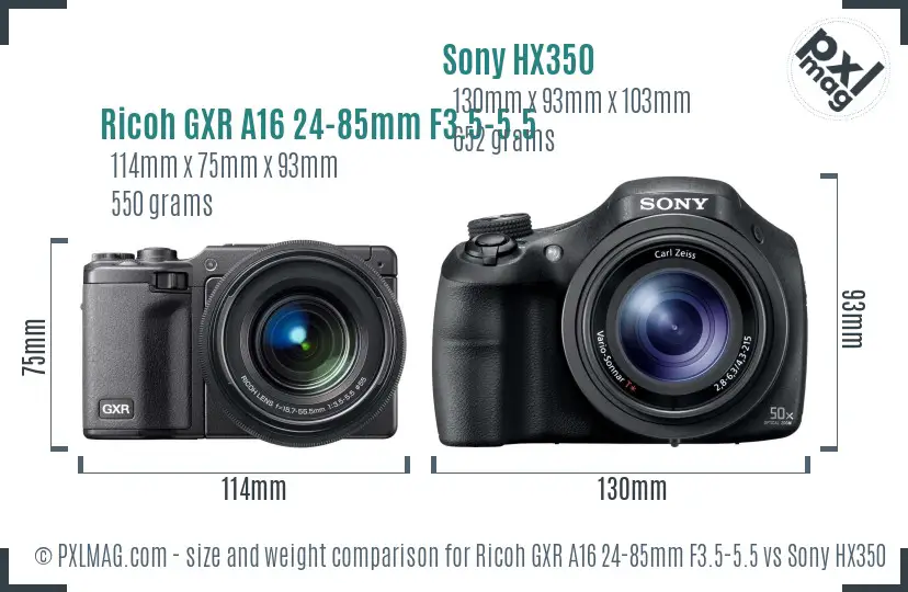 Ricoh GXR A16 24-85mm F3.5-5.5 vs Sony HX350 size comparison