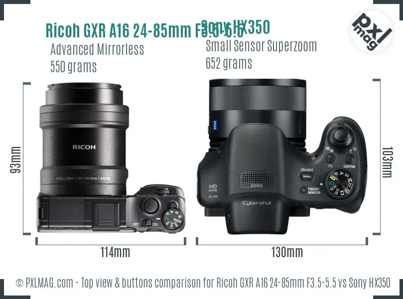 Ricoh GXR A16 24-85mm F3.5-5.5 vs Sony HX350 top view buttons comparison