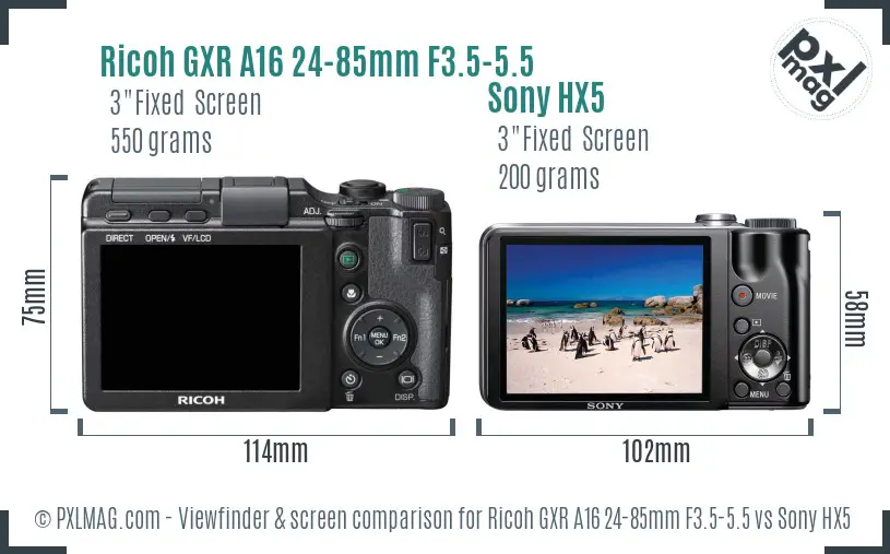 Ricoh GXR A16 24-85mm F3.5-5.5 vs Sony HX5 Screen and Viewfinder comparison