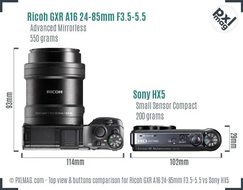 Ricoh GXR A16 24-85mm F3.5-5.5 vs Sony HX5 top view buttons comparison