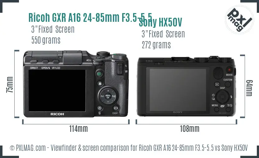 Ricoh GXR A16 24-85mm F3.5-5.5 vs Sony HX50V Screen and Viewfinder comparison
