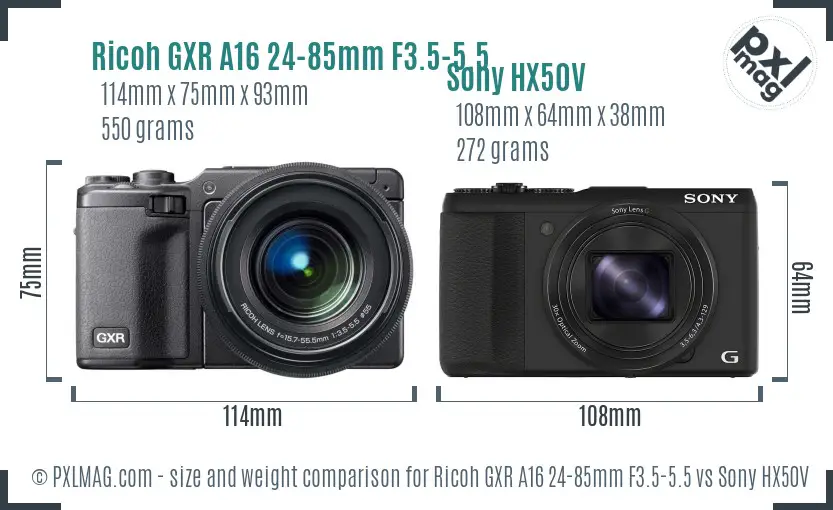 Ricoh GXR A16 24-85mm F3.5-5.5 vs Sony HX50V size comparison