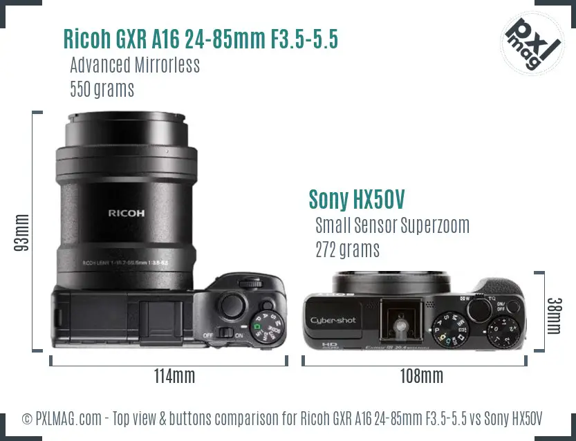 Ricoh GXR A16 24-85mm F3.5-5.5 vs Sony HX50V top view buttons comparison