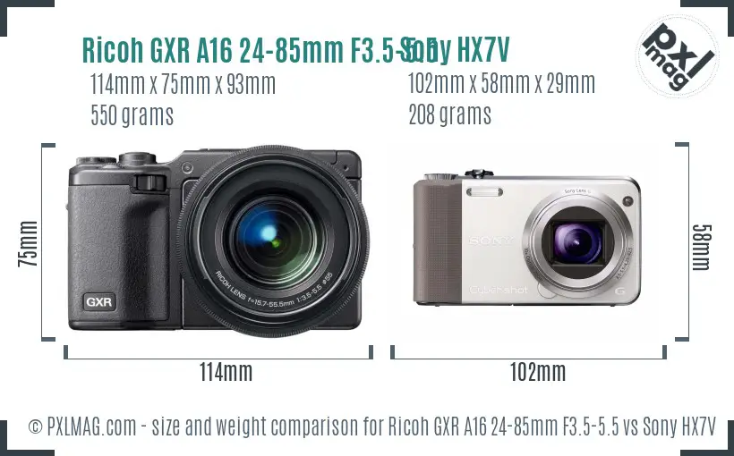 Ricoh GXR A16 24-85mm F3.5-5.5 vs Sony HX7V size comparison