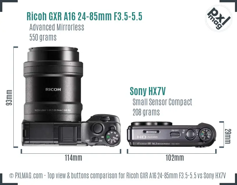 Ricoh GXR A16 24-85mm F3.5-5.5 vs Sony HX7V top view buttons comparison