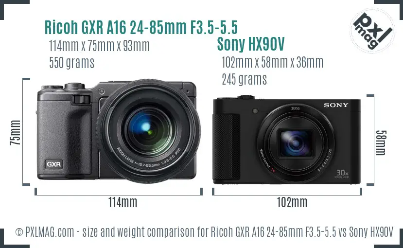 Ricoh GXR A16 24-85mm F3.5-5.5 vs Sony HX90V size comparison