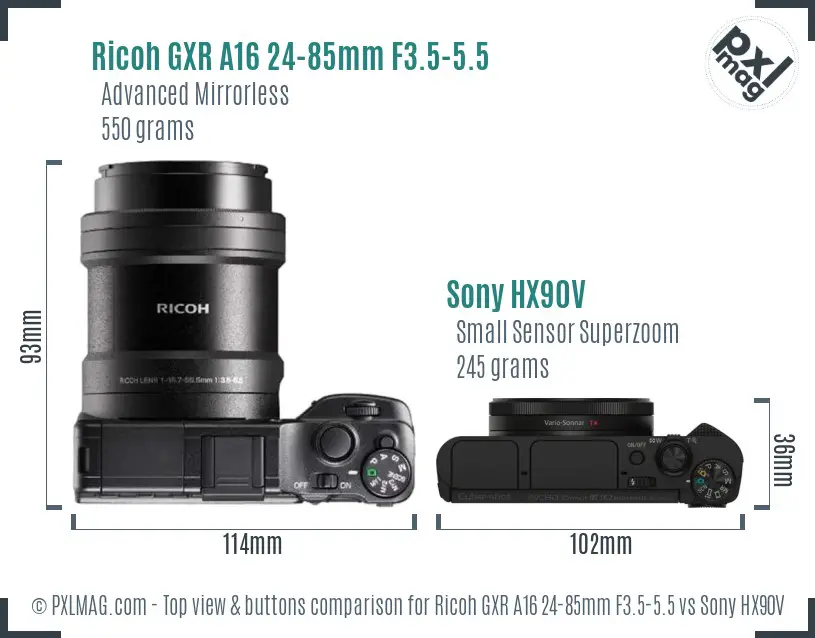 Ricoh GXR A16 24-85mm F3.5-5.5 vs Sony HX90V top view buttons comparison